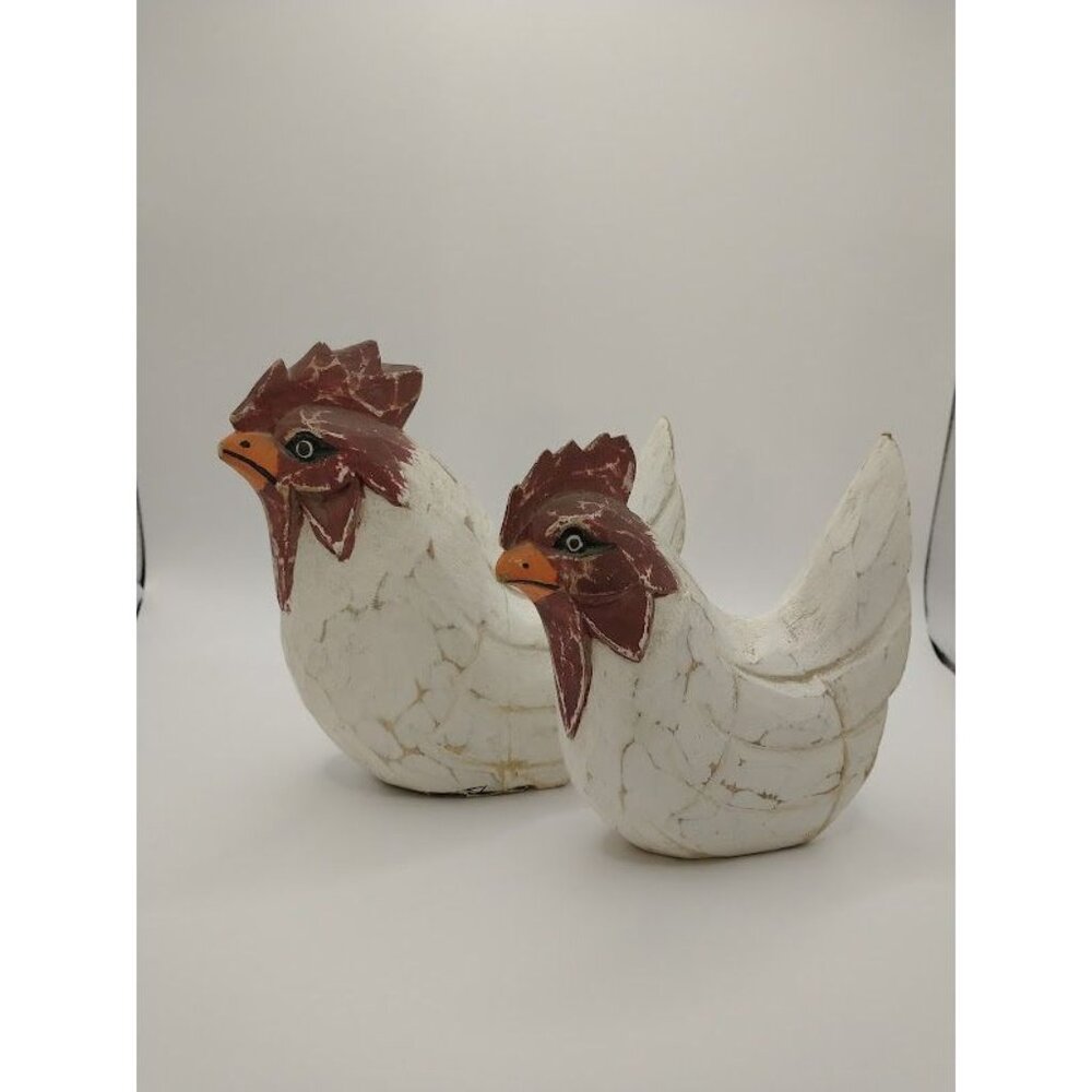 Vintage Wooden Chicken Figurines Set Of 2 Handcrafted Farmhouse Decor